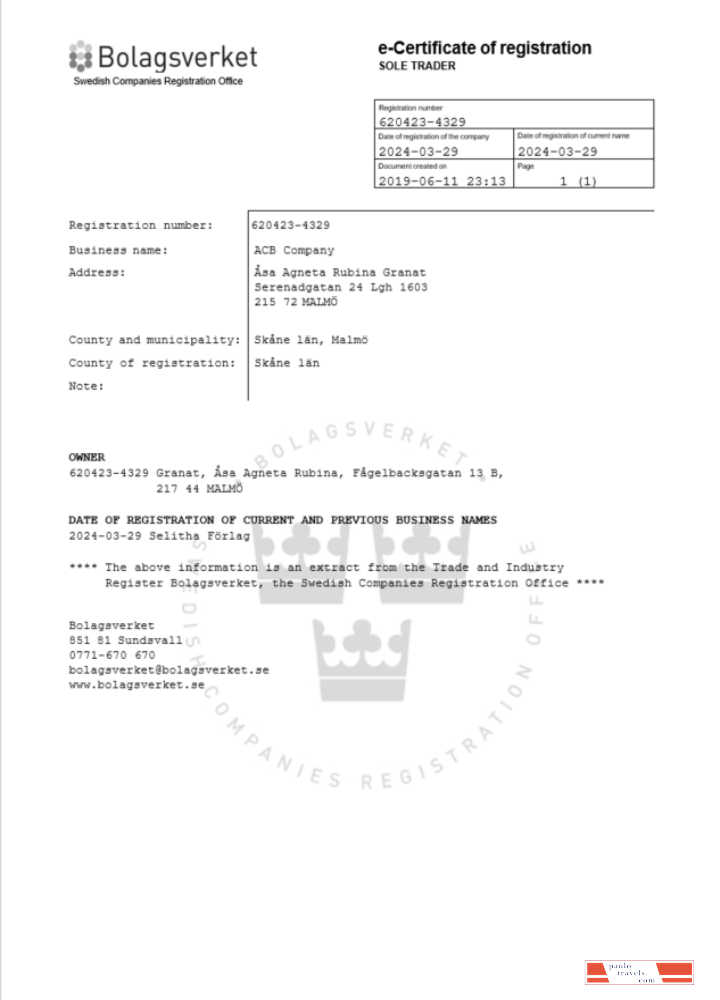 Sweden certificate of registration Word and PDF template
